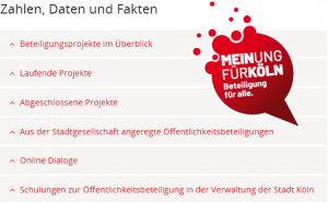 Screensho "Zahlen, Daten und Fakten" mit den im Artikel benannten Rubriken und dem Logo (Sprechblase) "Meinung für Köln. Beteiligung für alle"