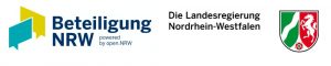 Logo Beteiligungsportal NRW. Text: Beteiligung NRW powered by open.NRW | Die Landesregierung Nordrhein-Westfalen