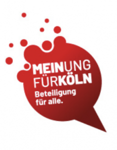 Grafik: Rote Bubble mit Text "Meinung für Köln. Beteiligung für alle"