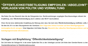 Screenshot KFA-Website - Rubrik "Öffentlichkeitsbeteiligung empfohlen / abgelehnt. Vorlagen von Politik und Verwaltung