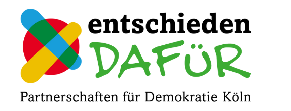 Logo "Partnerschaften für Demokratie Köln" - entschieden DAFÜR - Illustration: (Wahl-)Kreuz auf einem Kreis