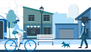 Illustration mit stilisierten Gebäuden, Straße, Personen zu Fuß und auf dem Rad