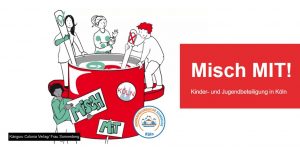 Bild mit Titel "Misch MIT!". Symbolbild: Stiliserte Jugendliche rühren in einem Kochtopf