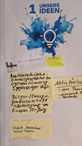 Pinwand-Foto aus einer Arbeitsgruppe beim KlimaForum. Titel "Unsere Ideen". Abgebildet sind Moderationskarten mit handschriftlich notierten Ideen.